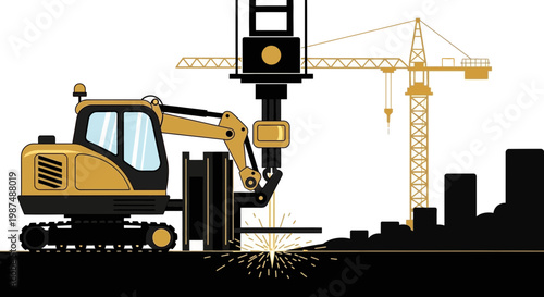 Construction Equipment Illustration Depicting Modern Machinery on a Building Project Site