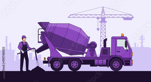 Construction Illustration Featuring Concrete Mixer Truck With Worker And Construction Crane