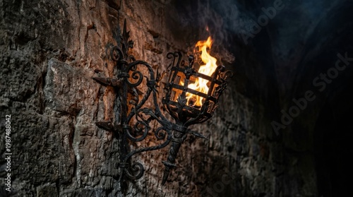 Medieval Iron Wall Torch with Burning Flame Against Stone Wall