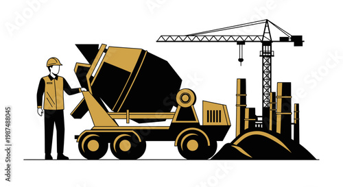 Construction Illustration Featuring Concrete Mixer, Crane, And Construction Worker, Minimal Design