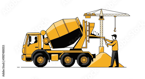 Construction Illustration Featuring Concrete Mixer Truck And Construction Crane, Minimalist Design