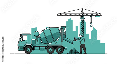 Construction Illustration Featuring Concrete Mixer Truck, Crane, and Construction Worker