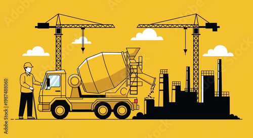 Construction Illustration Featuring Concrete Mixer Truck, Cranes, and City Buildings in Yellow