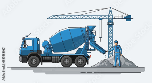 Construction Illustration Featuring Concrete Mixer Truck, Crane, and Construction Worker at Work