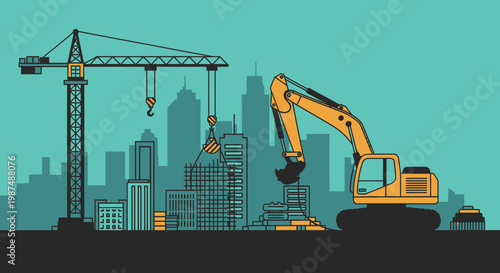 Construction Illustration Featuring Crane and Excavator Building Urban Skyscrapers and Structures