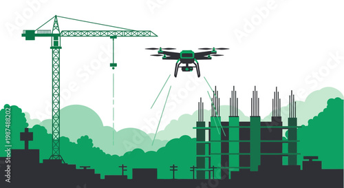 Construction Site Automation: Drone Inspection of Buildings In A Verdant Landscape