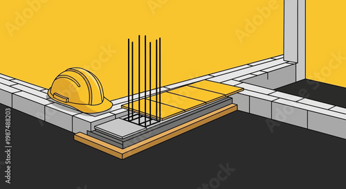 Construction Illustration Showing Building Foundation Stages And Yellow Hard Hat Detail