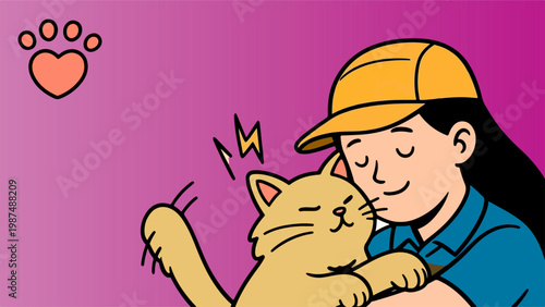 Young woman embracing her beloved cat with affection and care.