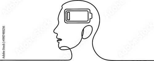 human head profile with battery level single line art. minimalist psychological concept of mental energy burnout and recharge.one line drawing vector illustration