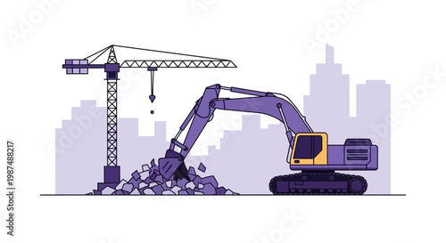 Construction Equipment Working At A Site With Buildings Silhouettes In Background
