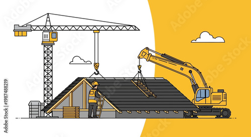 Construction Illustration Showing Building Project Activities with Crane and Machinery