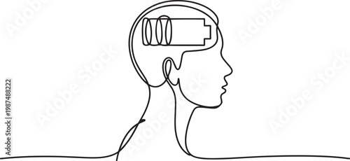 human head profile with battery level single line art. minimalist psychological concept of mental energy burnout and recharge.one line drawing vector illustration