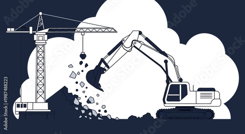 Construction Equipment Working Excavator and Crane On The Job Site, Silhouette