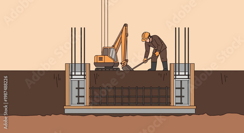 Construction Illustration Showing Building Foundation Stages, Excavation and Labor