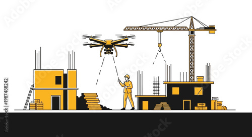 Construction Site Automation: Drone, Crane, and Engineer in Modern Architectural Design