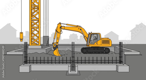 Construction Illustration Showing Excavator and Crane Working on a Foundation Project