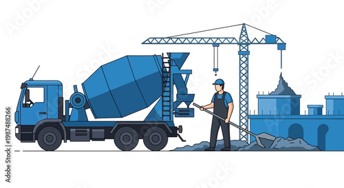 Construction Site: Concrete Mixer Truck Delivering Materials for New Building Project
