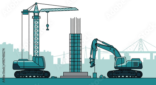 Construction Site: Crane, Excavator, And Structure In Urban Development Activity