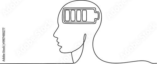 human head profile with battery level single line art. minimalist psychological concept of mental energy burnout and recharge.one line drawing vector illustration