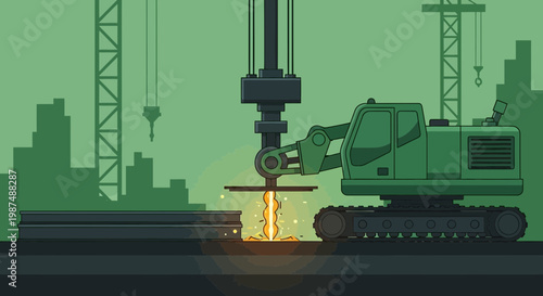 Construction Equipment Working On A Modern Building Site With Green Tones And City Skyline