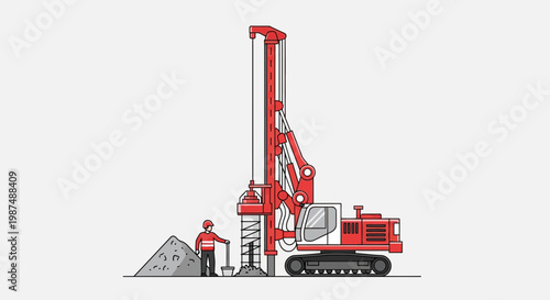 Construction Site Drilling Rig With Worker Creating Foundation And Building Process Scheme