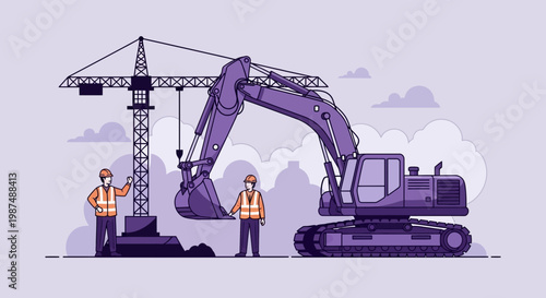 Construction Site: Excavator, Crane, and Workers, Illustrating Progress and Development