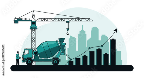 Construction Industry Growth Depiction with a Concrete Mixer, Crane, and City Skyline