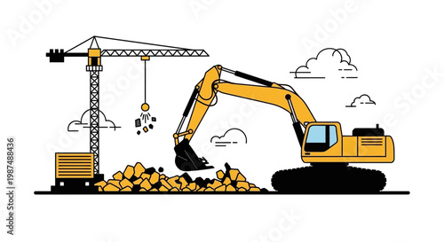 Construction Equipment Working Together in a Minimalist Vector Graphic for Building Projects