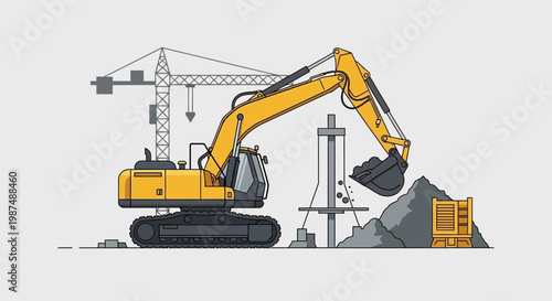 Construction Machinery and Cranes on a Construction Site in a Detailed Cartoon Style