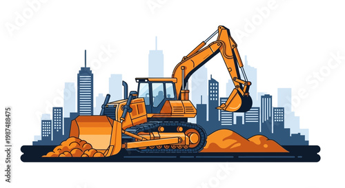Construction Machinery At Work: Bulldozer And Excavator Completing City Development Projects