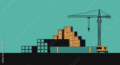 Construction Site Illustrated In Monochrome Style With A Tower Crane And Structures