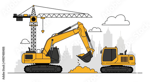 Construction Equipment Working Together In An Urban Environment, Building A City