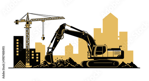 Construction Site Illustrated With Excavator Crane Silhouettes Over Golden Cityscape
