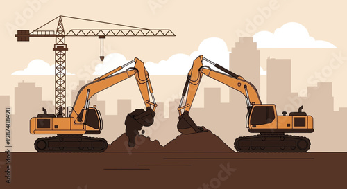 Construction Equipment Working Together In Architectural Development With City Skyline Silhouette
