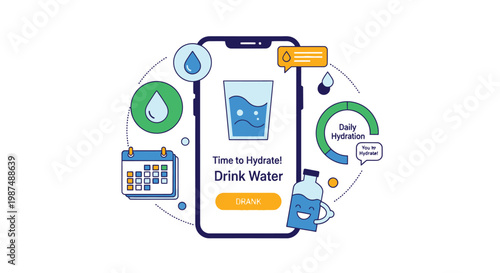 Mobile application vector graphic design for tracking daily water intake and monitoring healthy hydration progress levels