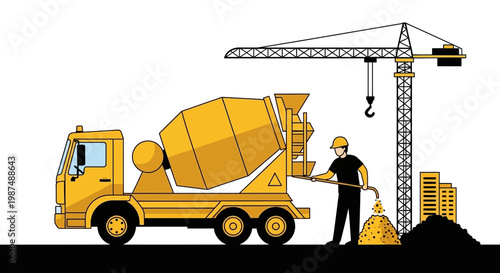 Construction Site Illustration: Concrete Mixer Truck and Building Crane At Work, Building Project
