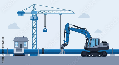 Construction Site Illustration: Crane and Excavator Working on Pipe System Project