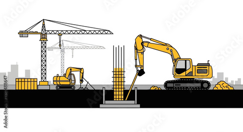 Construction Site Illustration: Crane Digging Machines at Work Depicting Building's Foundation