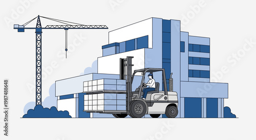 Construction Site Illustration: Crane Operations, Forklift Activity, And Architectural Design