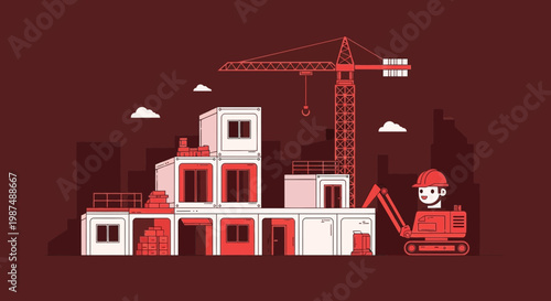 Construction Of Futuristic Prefabricated Modular Building With Red Color Scheme