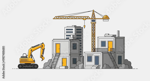 Construction Site Illustration: Crane, Excavator, And Modern Building Structures