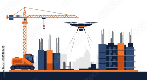 Construction Site Illustration: Crane, Drone, And Building Underway For Modern Build Project