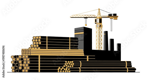 Construction Site Illustration: Crane, Factory, Building Materials, Vector Art Design