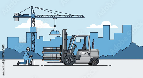Construction Site Illustration: Crane, Forklift, and Worker, Urban Development Concept