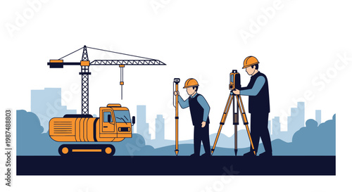 Construction Site Illustration: Engineering Team Working Alongside Crane at Development Zone