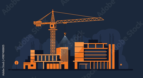 Construction Site Illustration Displaying Modern Architecture and Cranes Working at Night
