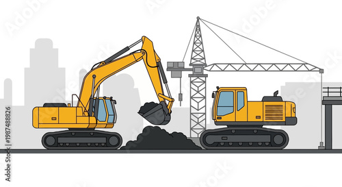 Construction Site Illustration: Excavators Working Alongside Buildings and a Tower Crane