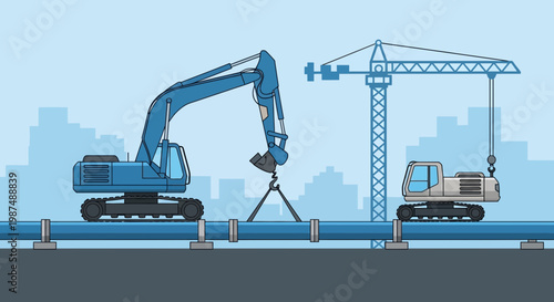 Construction Of Water Pipes With Machinery And Industrial Cranes In The City Landscape