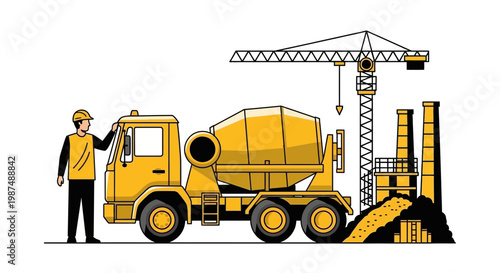 Construction Site Illustration Featuring Concrete Mixer, Crane, and Construction Worker