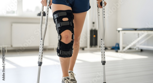 Woman in knee brace walking with crutches in rehabilitation center. Recovery after surgery, orthopedic injury and healthcare. AI generated.
